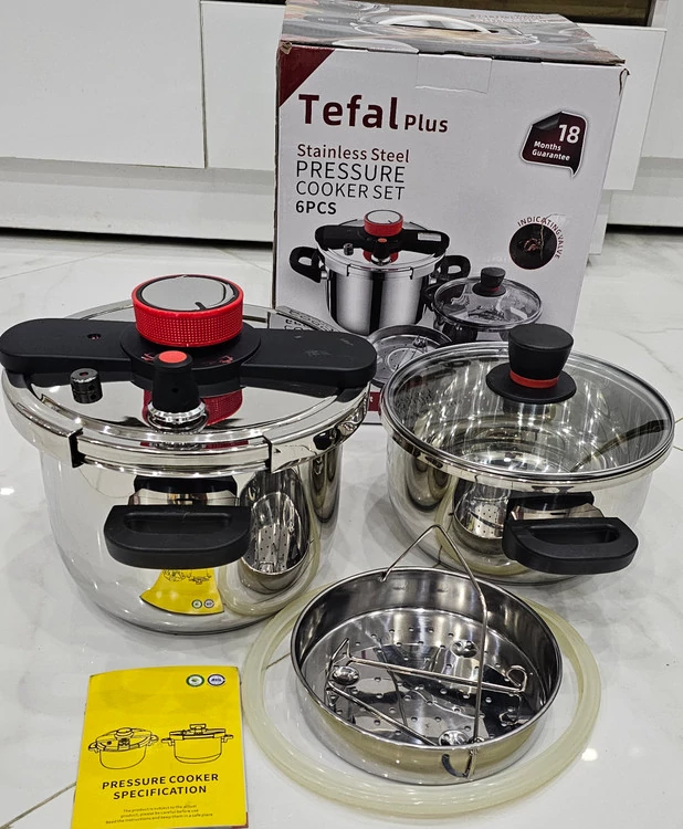زودپز دوقلو تفال پلاس Tefal plus لیتر 5+7 مدل درب کلیپسی کیفیت عالی با واشر اضاف