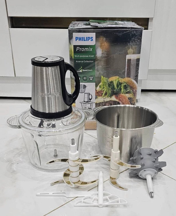 خردکن فیلیپس دو کاسه 4.5 لیتر شش تیغ + 4 تیغ تیتانیوم موتور حک شده با سیرپوست کن و همزن مدل 2020