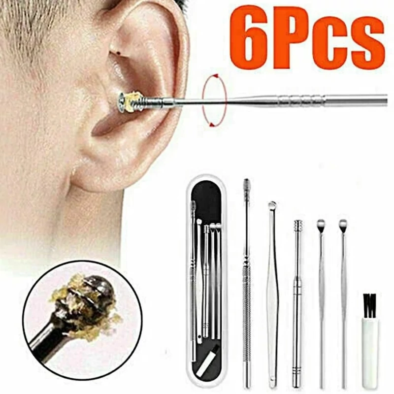 ابزار نظافت  و پاکسازی گوش ست 6 تیکه گوش پاک کن فلزی دارای فرچه تمیز کننده