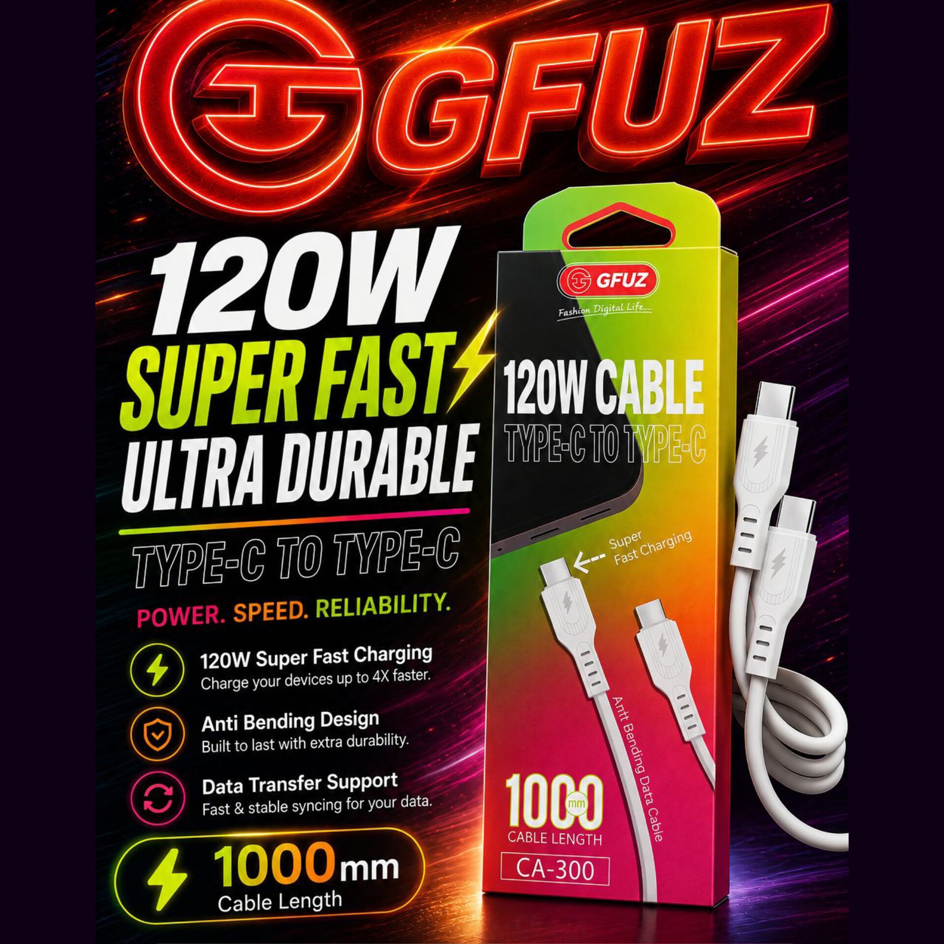 کابل شارژ دو سر تایپ سی Gfuz مدل ca-300 کیفیت عالی