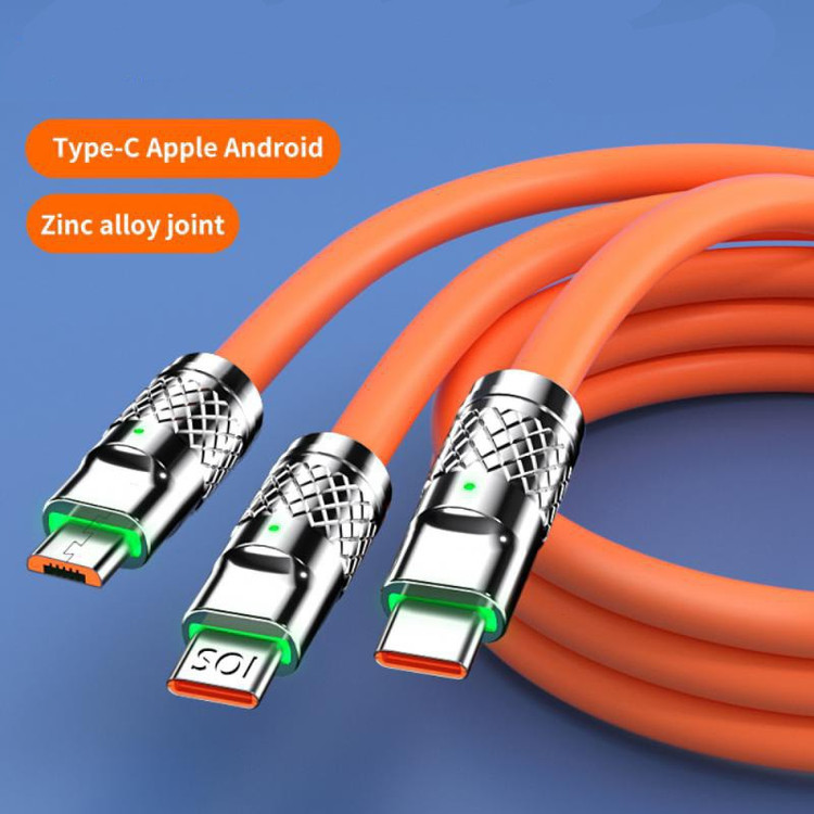 کابل شارژ 3 کاره با نور led آبی مدل zinc alloy با سرعت شارژ عالی
